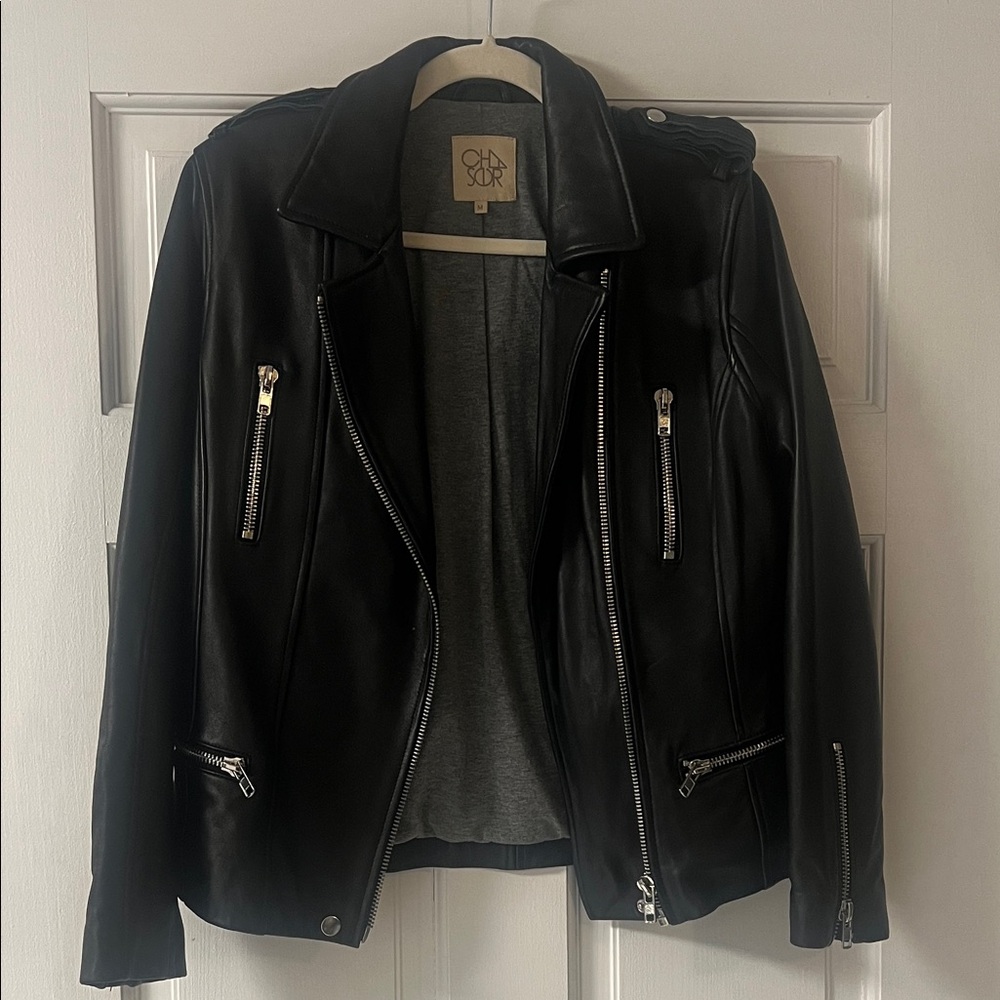 Chaser Black Leather Jacket with Silver Zippers
